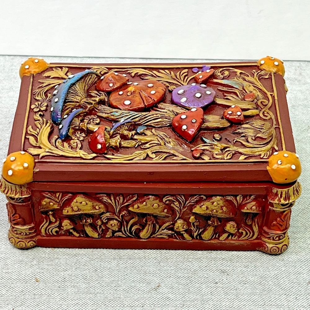 Colorful Whimsical Mushroom Toadstool Resin Trinket Box 5.5" x 3.75" x 2" - Picture 1 of 8